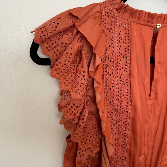 Ulla Johnson Rust Ruffle Eyelet Mini Dress, Flutter Sleeves, Boho Romantic - Picture 11 of 12